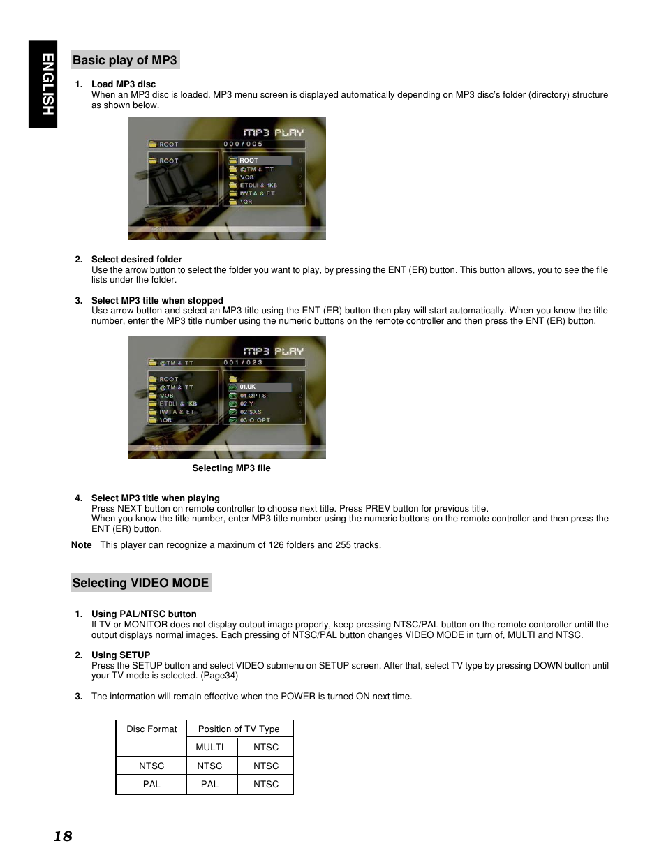 English 18, Basic play of mp3, Selecting video mode | Marantz PMD910 User Manual | Page 22 / 48