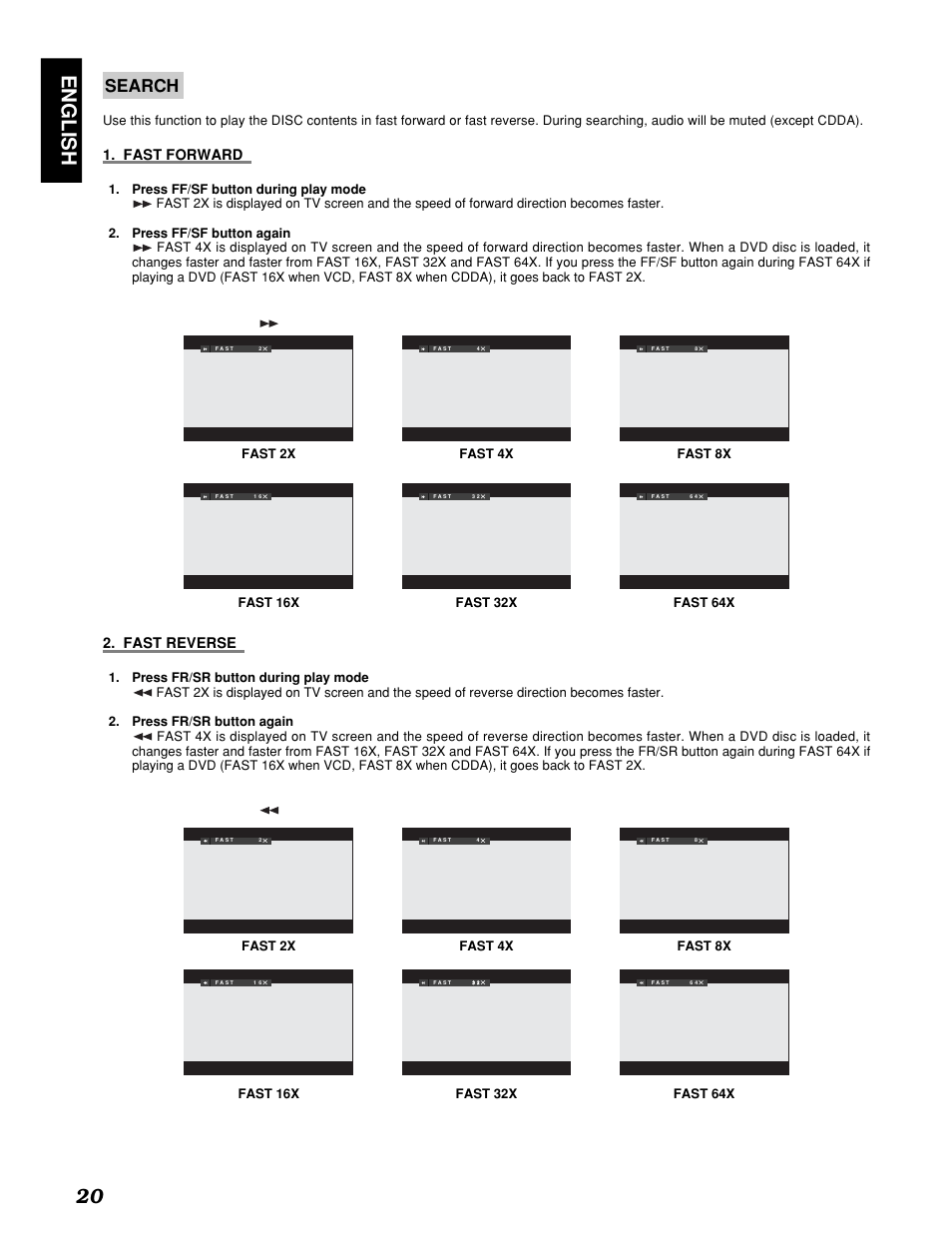 English 20, Search, Fast forward | Fast reverse | Marantz PMD910 User Manual | Page 24 / 48