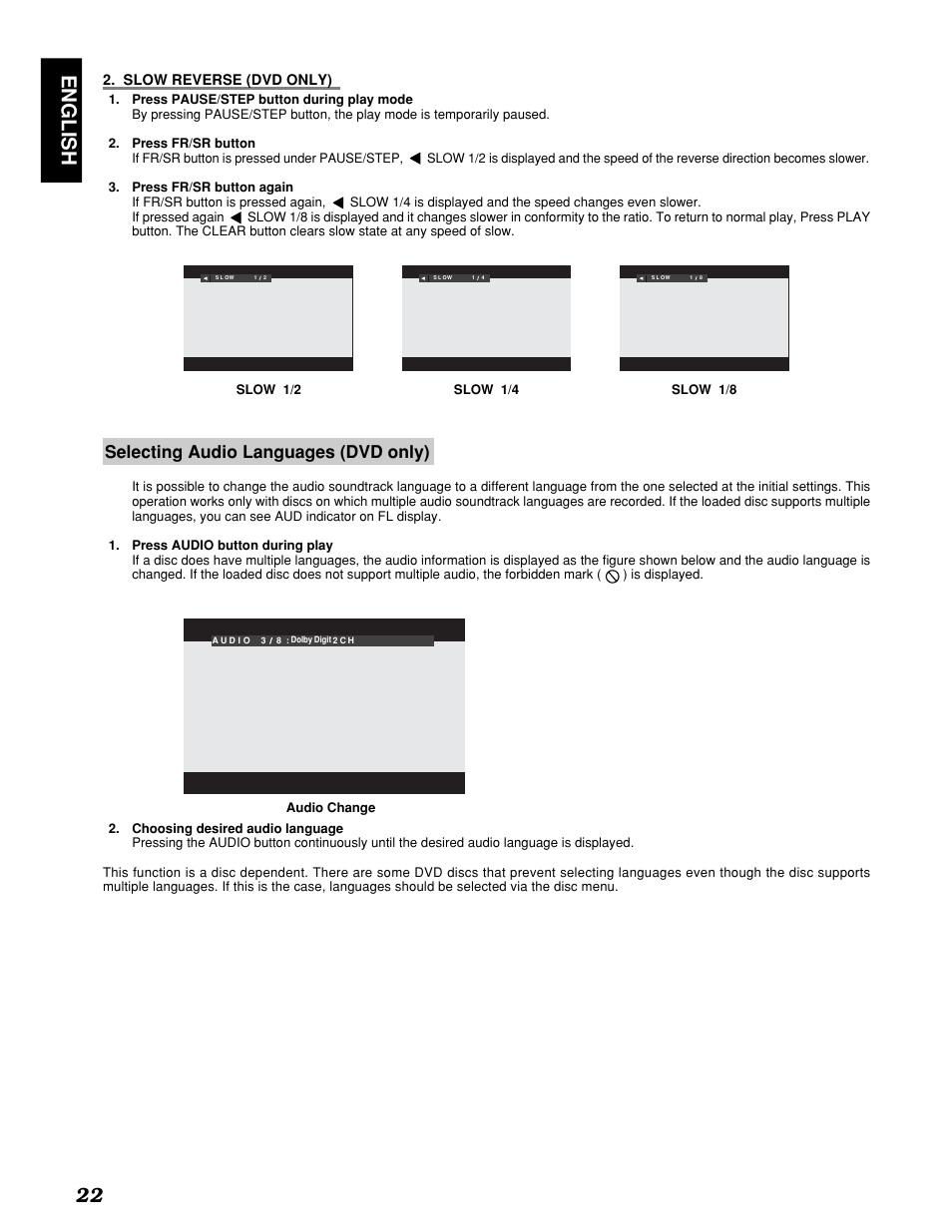 English 22, Selecting audio languages (dvd only) | Marantz PMD910 User Manual | Page 26 / 48