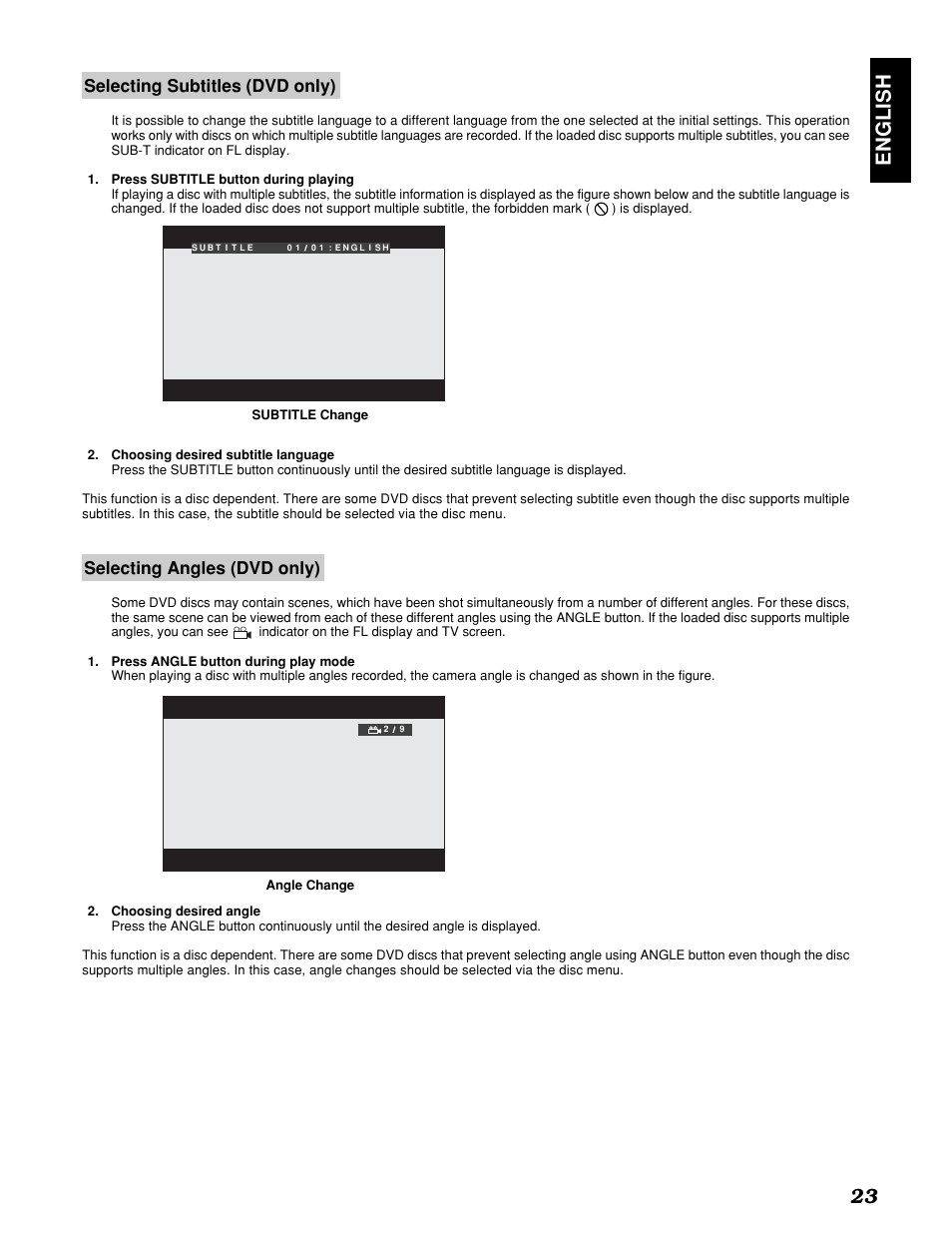English 23, Selecting subtitles (dvd only), Selecting angles (dvd only) | Marantz PMD910 User Manual | Page 27 / 48