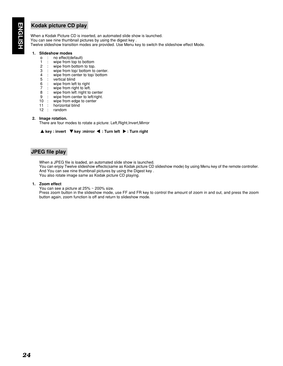 English 24, Kodak picture cd play, Jpeg file play | Marantz PMD910 User Manual | Page 28 / 48