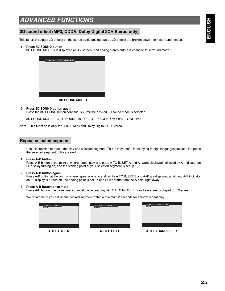 Advanced functions, English 25, Repeat selected segment | Marantz PMD910 User Manual | Page 29 / 48