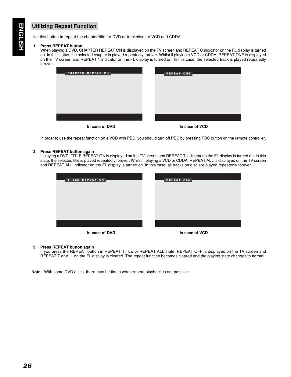 English 26, Utilizing repeat function | Marantz PMD910 User Manual | Page 30 / 48