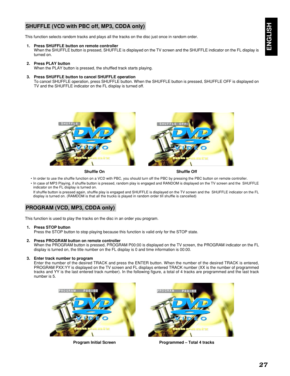 English 27, Shuffle (vcd with pbc off, mp3, cdda only), Program (vcd, mp3, cdda only) | Marantz PMD910 User Manual | Page 31 / 48