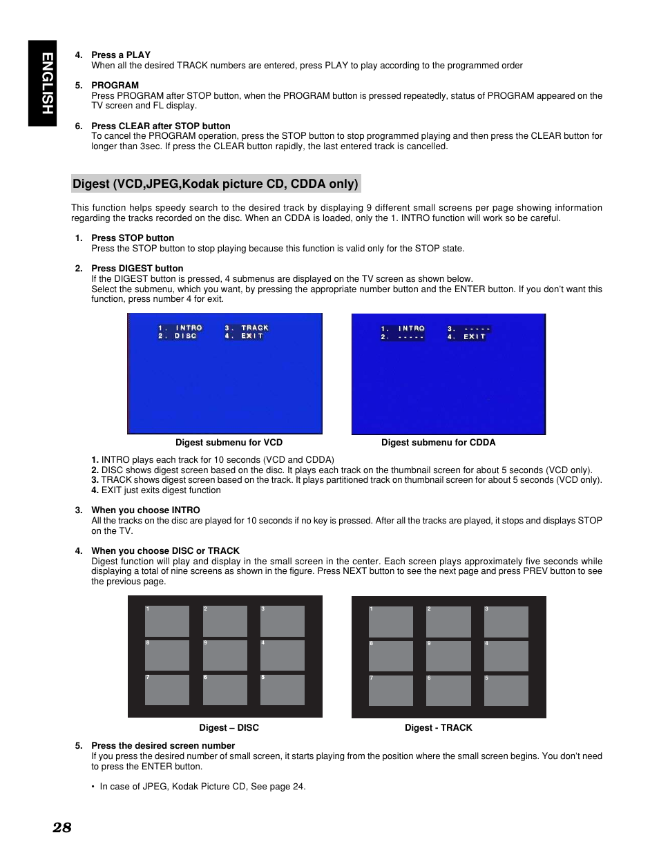 English 28, Digest (vcd,jpeg,kodak picture cd, cdda only) | Marantz PMD910 User Manual | Page 32 / 48