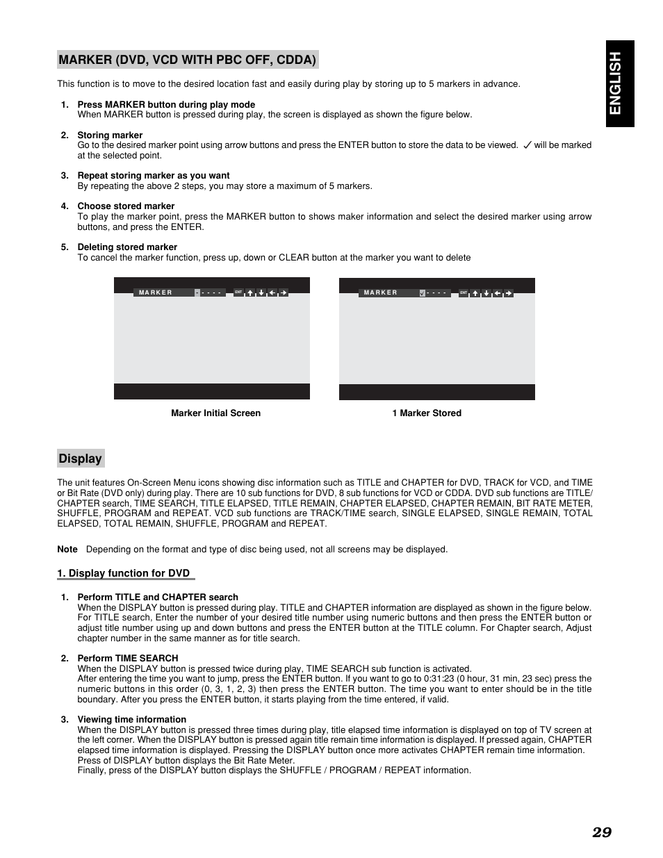 English 29, Marker (dvd, vcd with pbc off, cdda), Display | Marantz PMD910 User Manual | Page 33 / 48