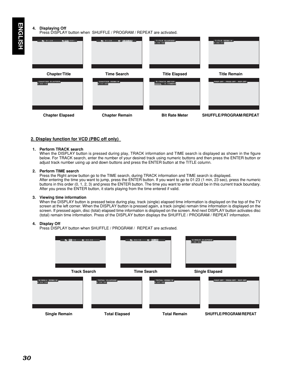 English 30, Display function for vcd (pbc off only), Track search time search single elapsed | Marantz PMD910 User Manual | Page 34 / 48