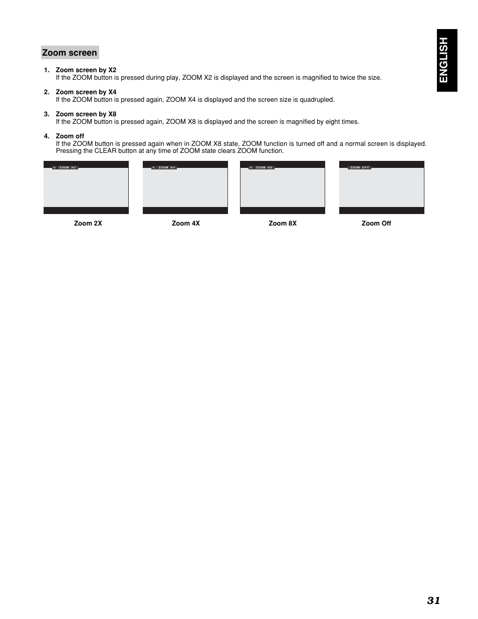 English 31, Zoom screen | Marantz PMD910 User Manual | Page 35 / 48