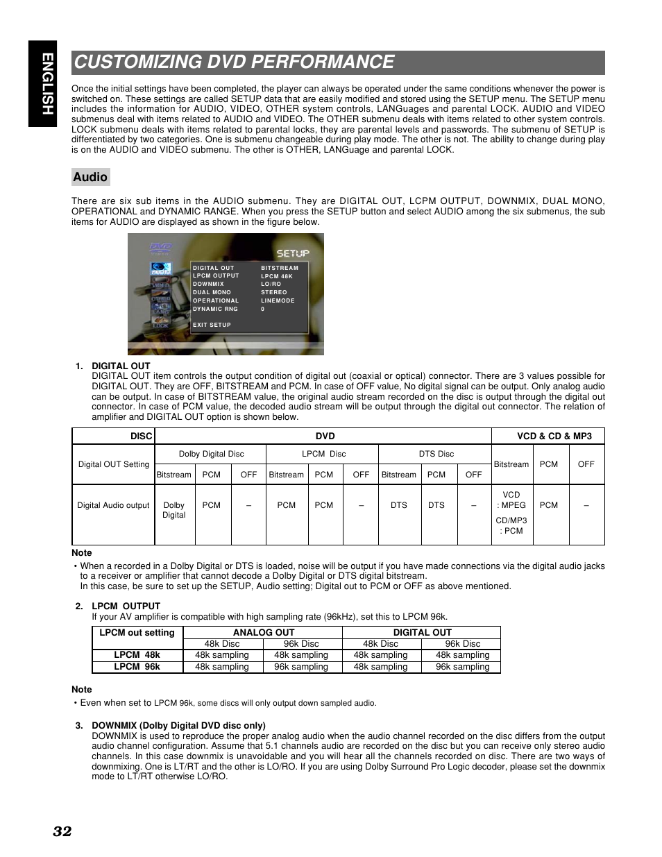 Customizing dvd performance, English 32, Audio | Marantz PMD910 User Manual | Page 36 / 48