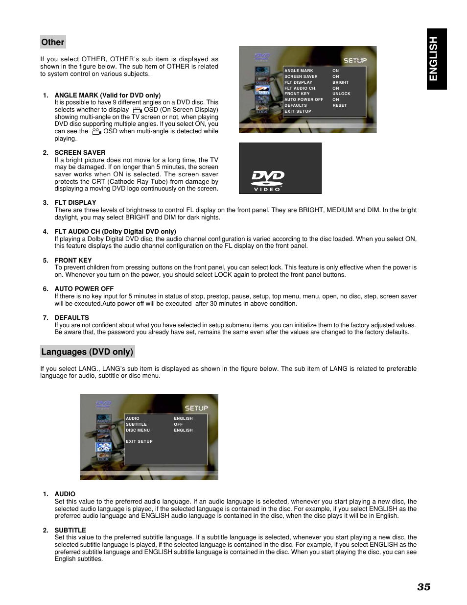 English 35, Languages (dvd only), Other | Marantz PMD910 User Manual | Page 39 / 48