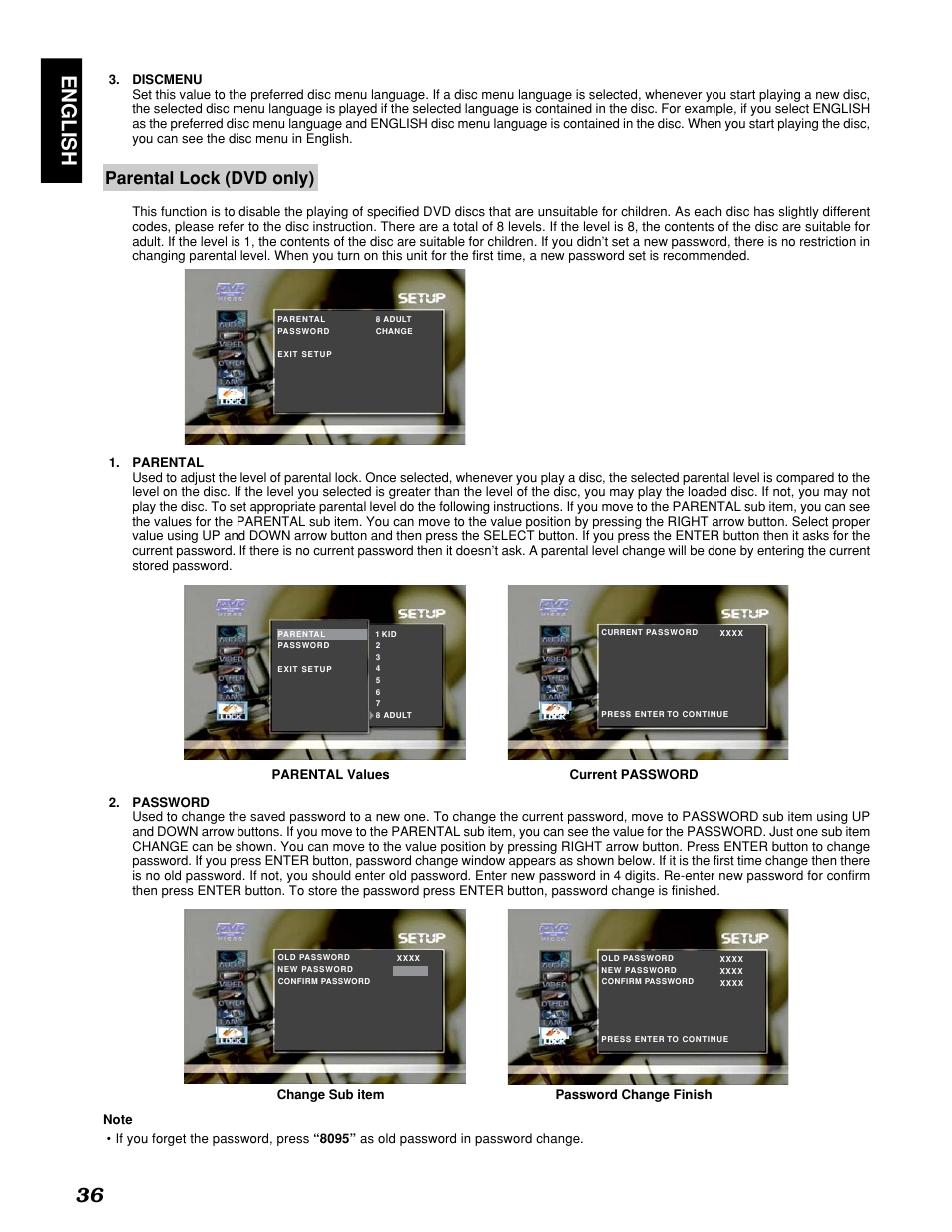 English 36, Parental lock (dvd only) | Marantz PMD910 User Manual | Page 40 / 48