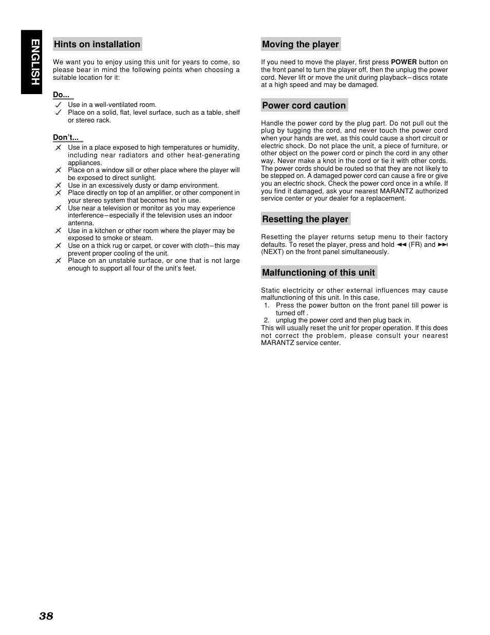 English 38 | Marantz PMD910 User Manual | Page 42 / 48