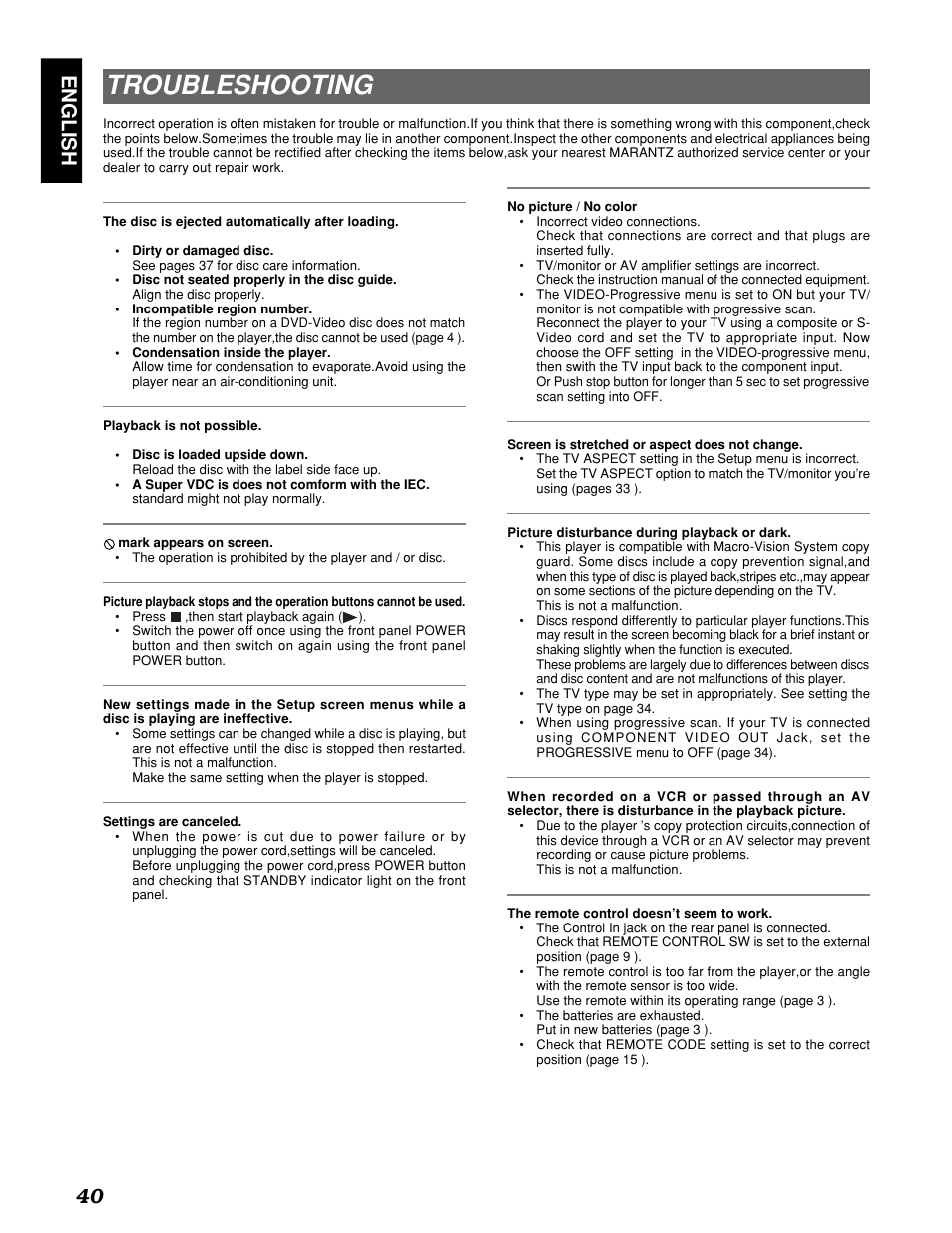 Troubleshooting, English 40 | Marantz PMD910 User Manual | Page 44 / 48