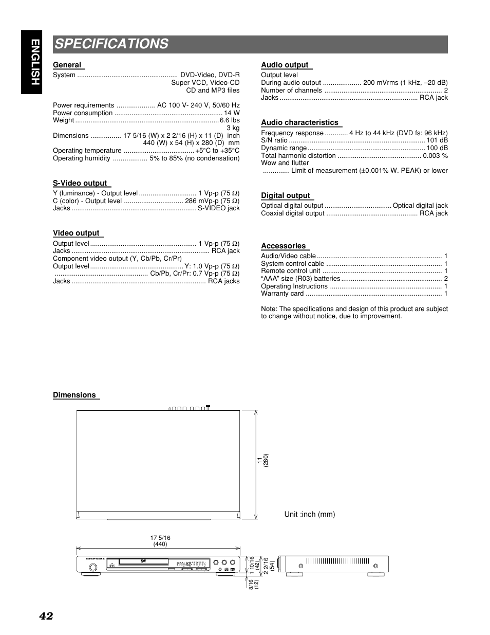 Specifications, English 42 | Marantz PMD910 User Manual | Page 46 / 48