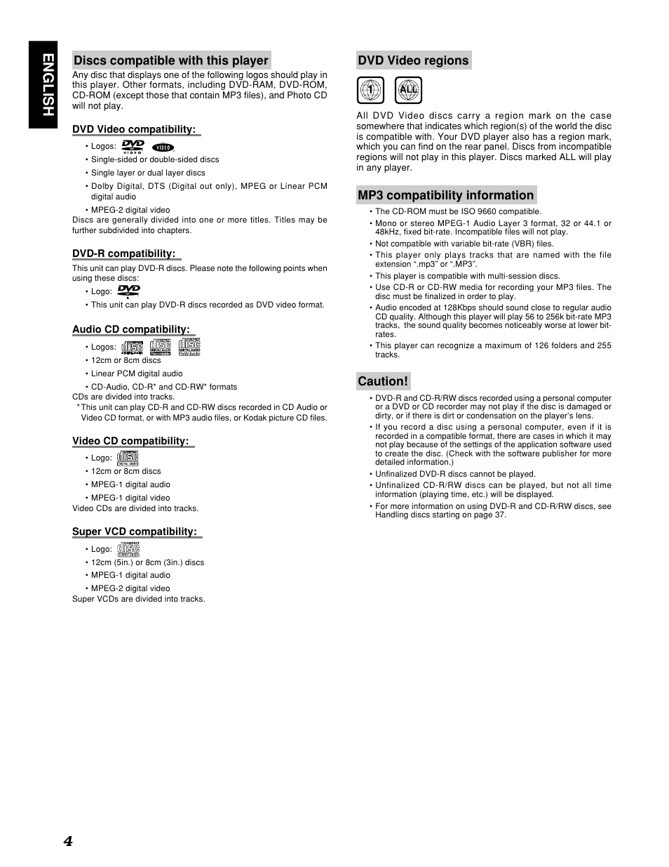 English 4, Discs compatible with this player, Dvd video regions | Mp3 compatibility information, Caution | Marantz PMD910 User Manual | Page 8 / 48