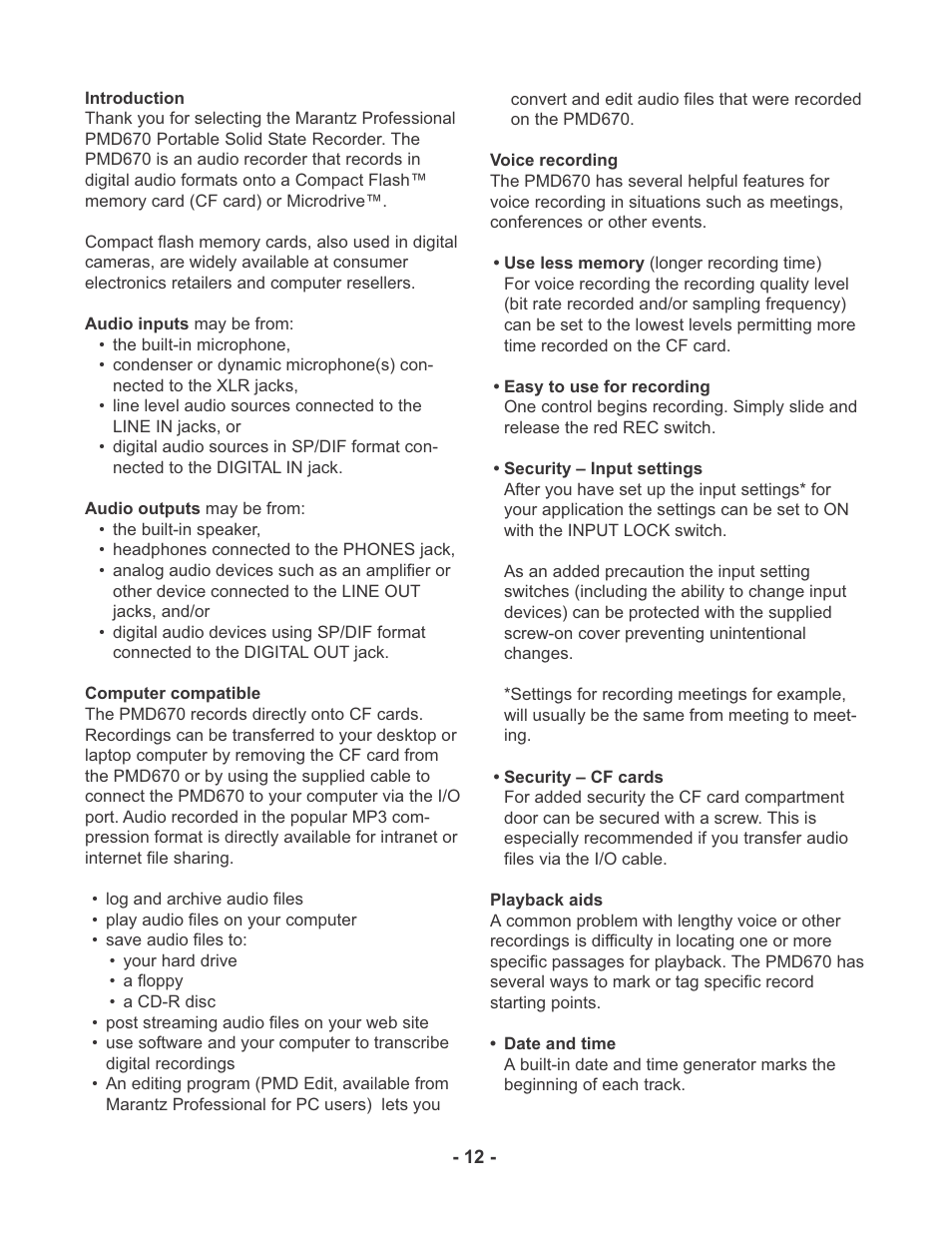 Marantz PMD670 User Manual | Page 12 / 53