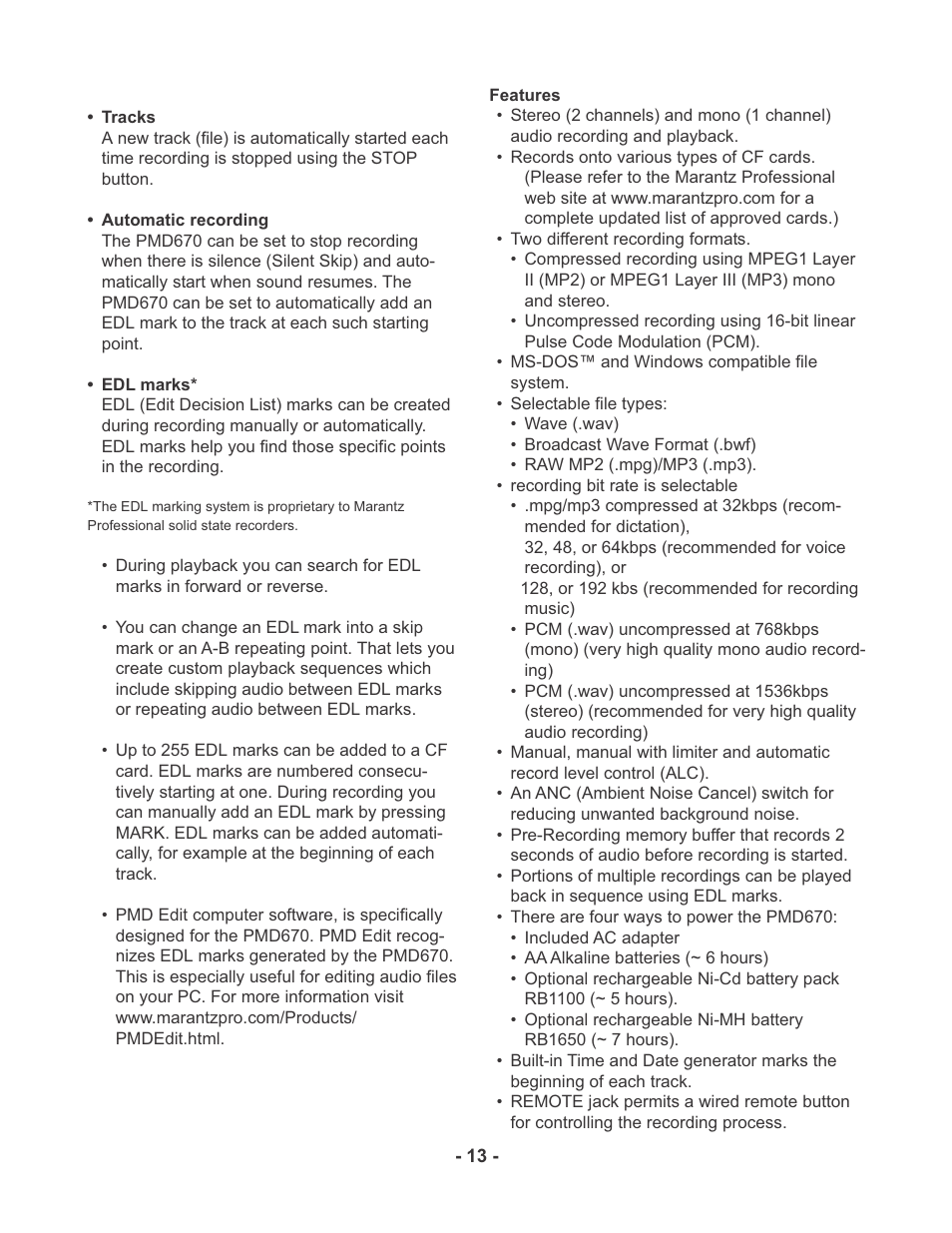 Marantz PMD670 User Manual | Page 13 / 53