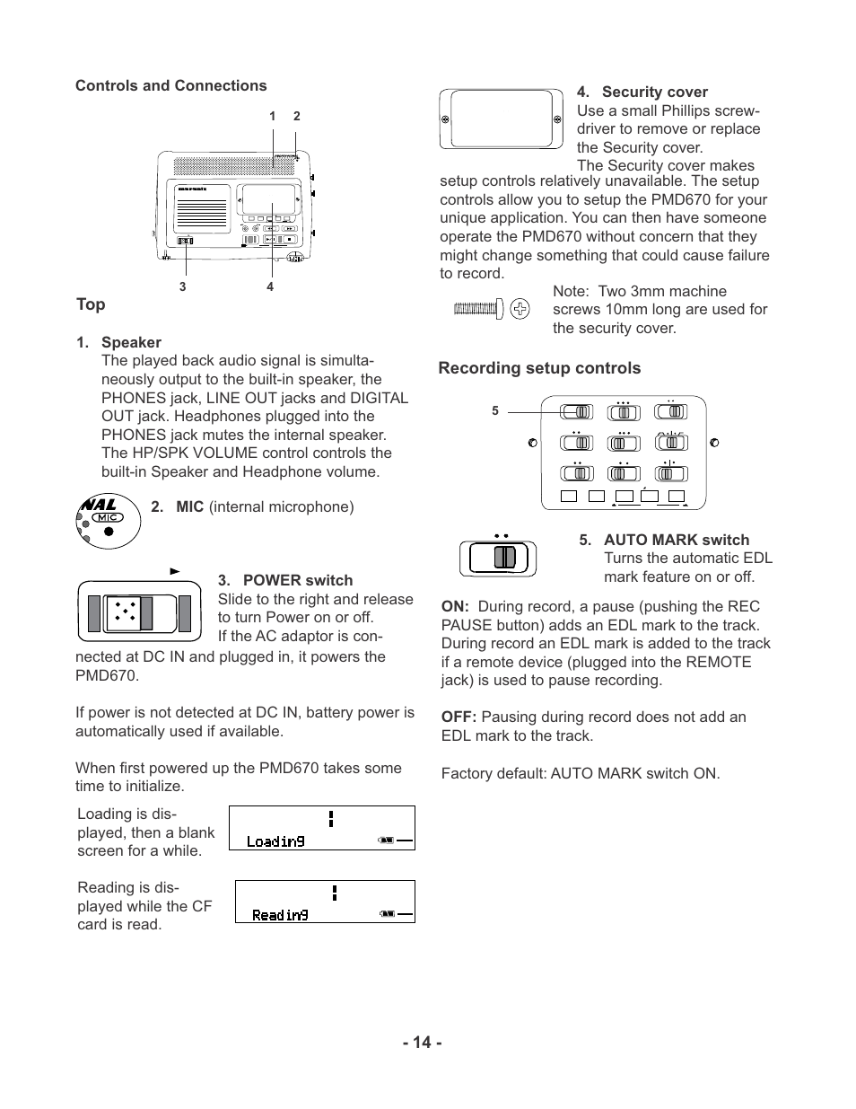 Recording setup controls, Controls and connections, Mic (internal microphone) | Power 3 4 | Marantz PMD670 User Manual | Page 14 / 53