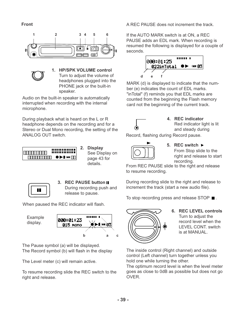 Front, B a c, D e f rec rec | Marantz PMD670 User Manual | Page 39 / 53