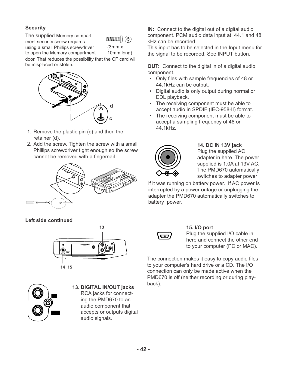 Dc in 13v i/o | Marantz PMD670 User Manual | Page 42 / 53