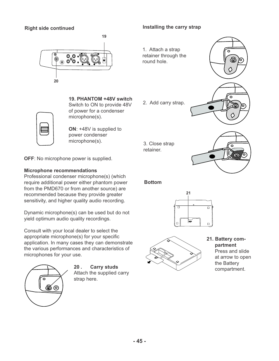 Installing the carry strap 3. close strap retainer, Phantom +48v on off | Marantz PMD670 User Manual | Page 45 / 53