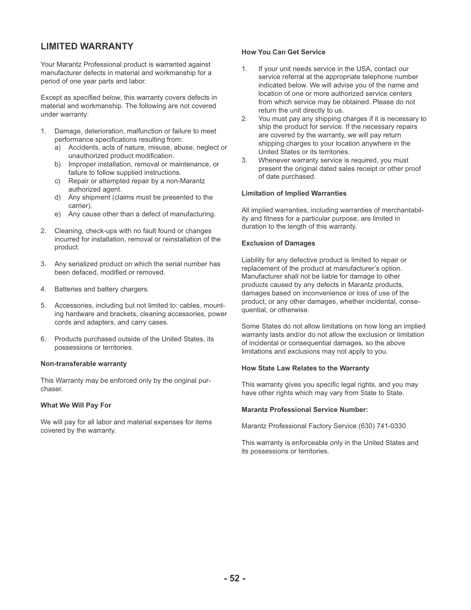 52 - limited warranty | Marantz PMD670 User Manual | Page 52 / 53