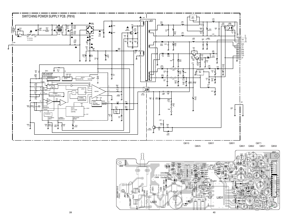 Switching power supply pcb. (p816), L820, L831 | R823, C820, J891, T2a l 250v | Marantz MAR770 User Manual | Page 38 / 45