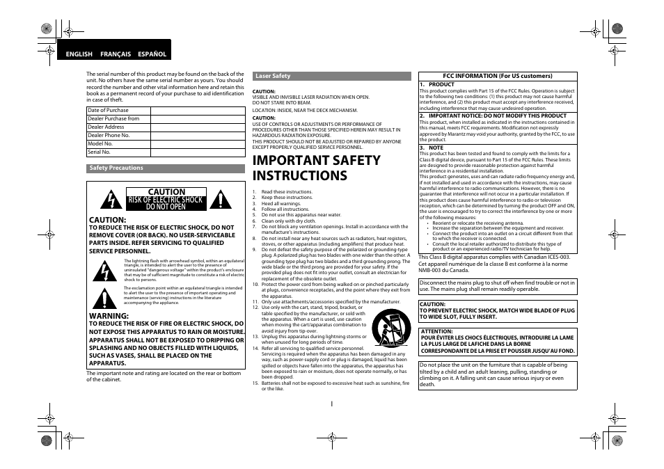 Important safety instructions, Caution risk of electric shock do not open | Marantz 541110331126M User Manual | Page 2 / 53