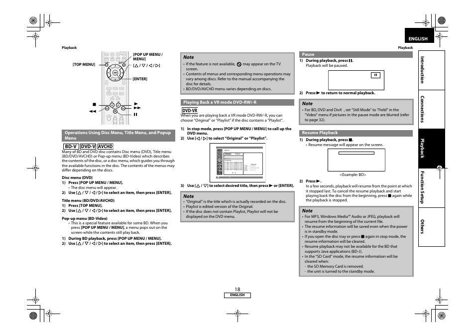 Operations using disc menu, title menu, and, Popup menu, Playing back a vr mode dvd-rw/-r | Marantz 541110331126M User Manual | Page 21 / 53