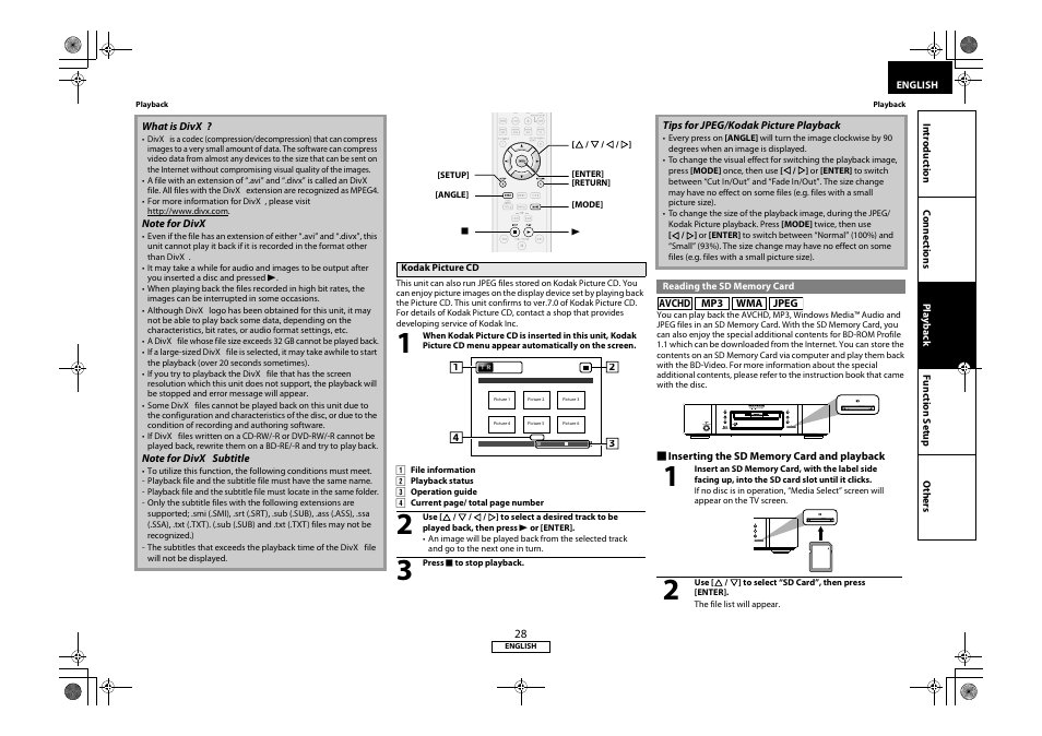 Kodak picture cd, Reading the sd memory card | Marantz 541110331126M User Manual | Page 31 / 53