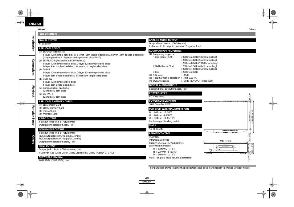 Specifications | Marantz 541110331126M User Manual | Page 52 / 53