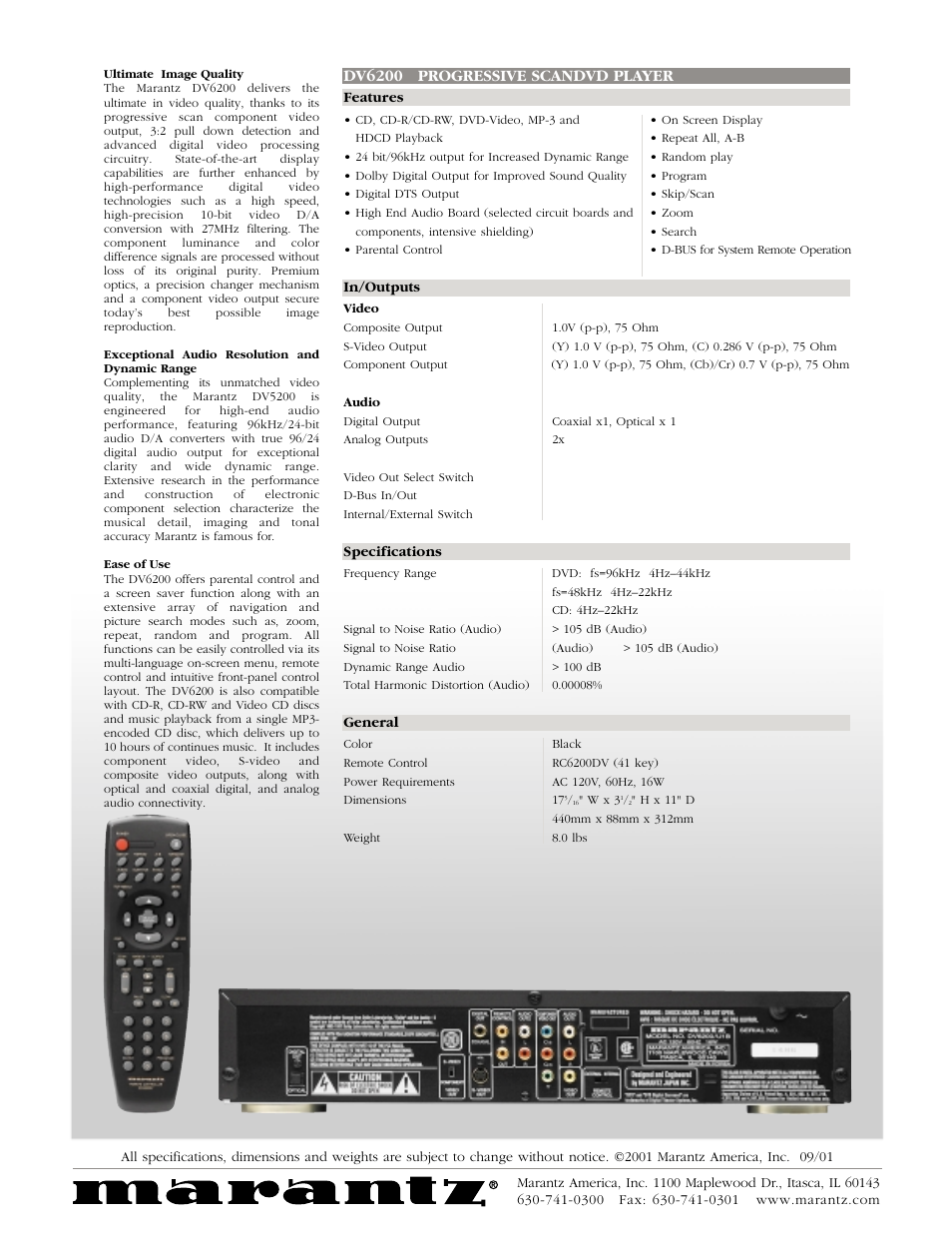 Dv6200 progressive scandvd player | Marantz DV6200 User Manual | Page 2 / 2