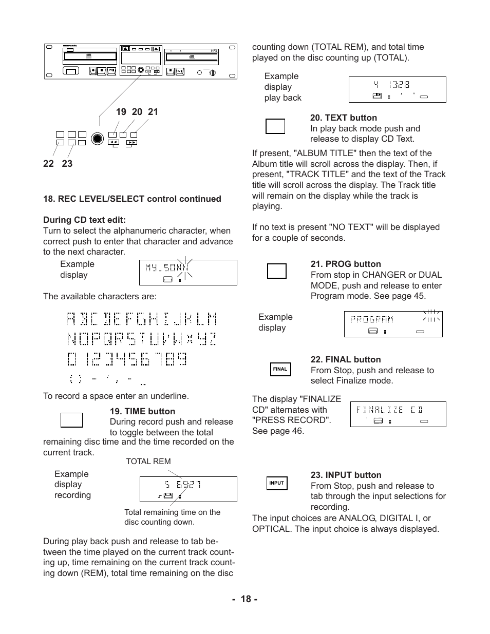 Example display, Total rem, Total remaining time on the disc counting down | Marantz CDR510 User Manual | Page 18 / 57