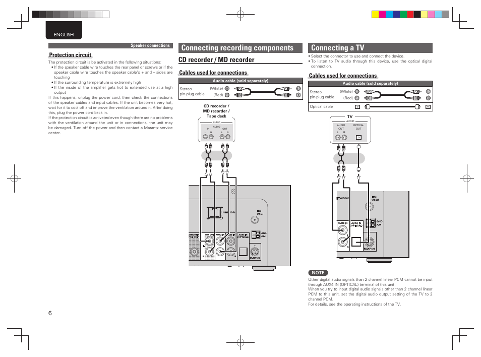 Connecting recording components, Connecting a tv, Cd recorder / md recorder | Protection circuit, Cables used for connections | Marantz M-CR603 User Manual | Page 10 / 52