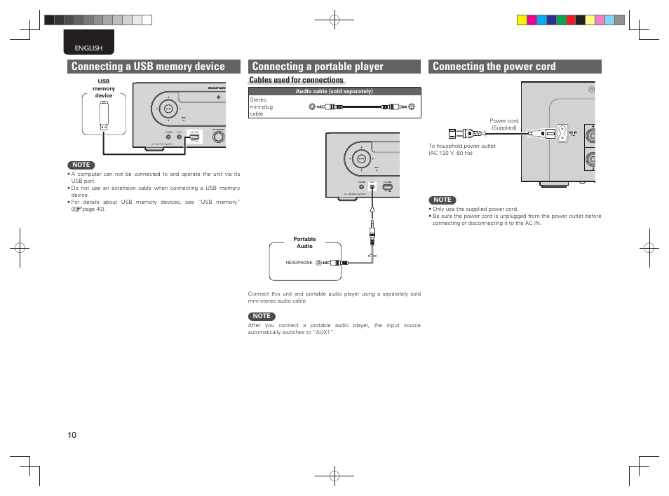Connecting the power cord, Connecting a portable player | Marantz M-CR603 User Manual | Page 14 / 52
