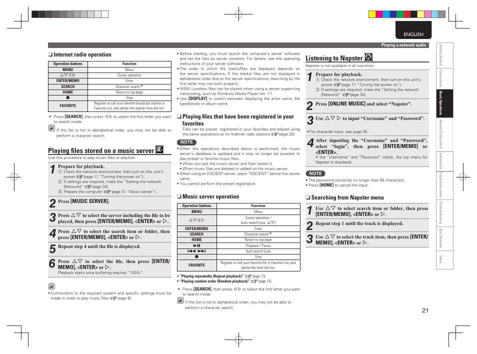 Playing ﬁ les stored on a music server, Listening to napster | Marantz M-CR603 User Manual | Page 25 / 52