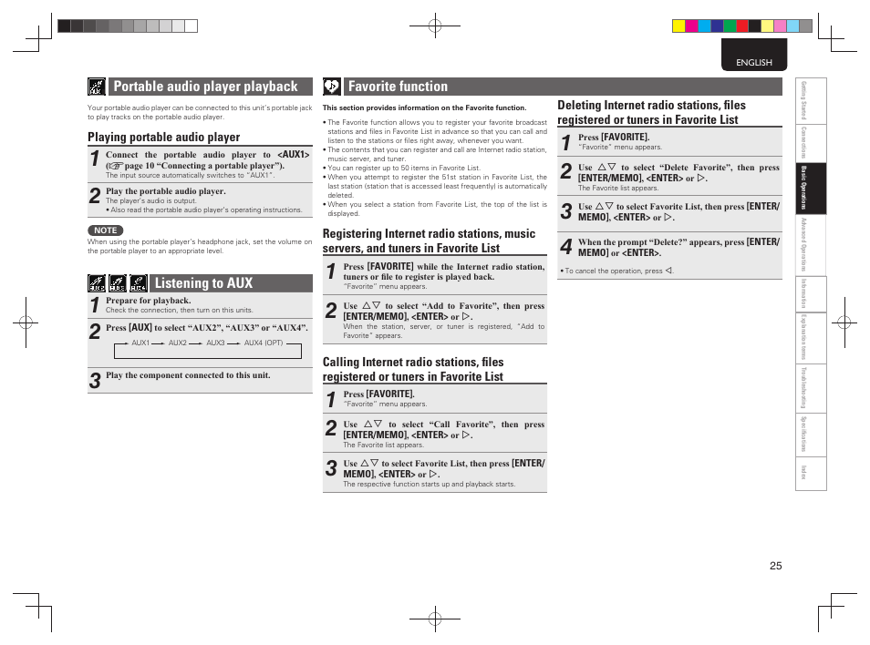Favorite function, Portable audio player playback, Listening to aux | Marantz M-CR603 User Manual | Page 29 / 52
