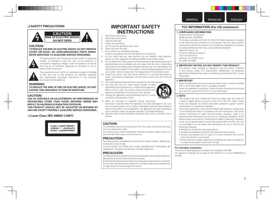 Important safety instructions, Caution | Marantz M-CR603 User Manual | Page 3 / 52