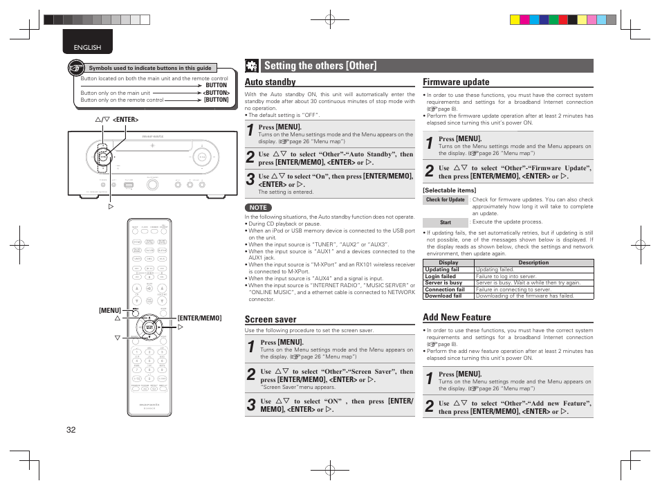 Setting the others [other, Auto standby, Screen saver | Firmware update, Add new feature | Marantz M-CR603 User Manual | Page 36 / 52