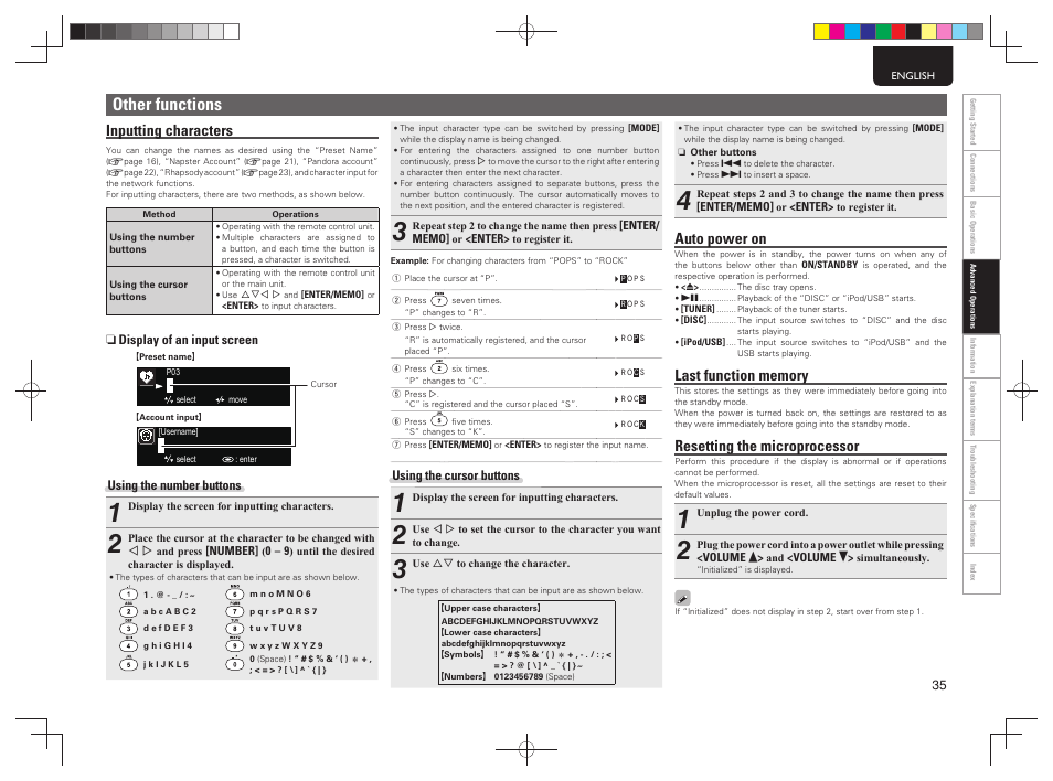 Other functions, Inputting characters, Auto power on | Resetting the microprocessor | Marantz M-CR603 User Manual | Page 39 / 52