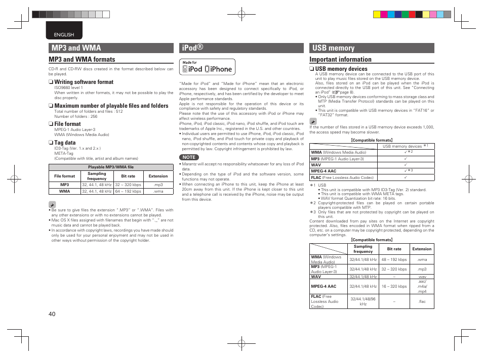 Mp3 and wma, Ipod, Important information | Mp3 and wma formats | Marantz M-CR603 User Manual | Page 44 / 52