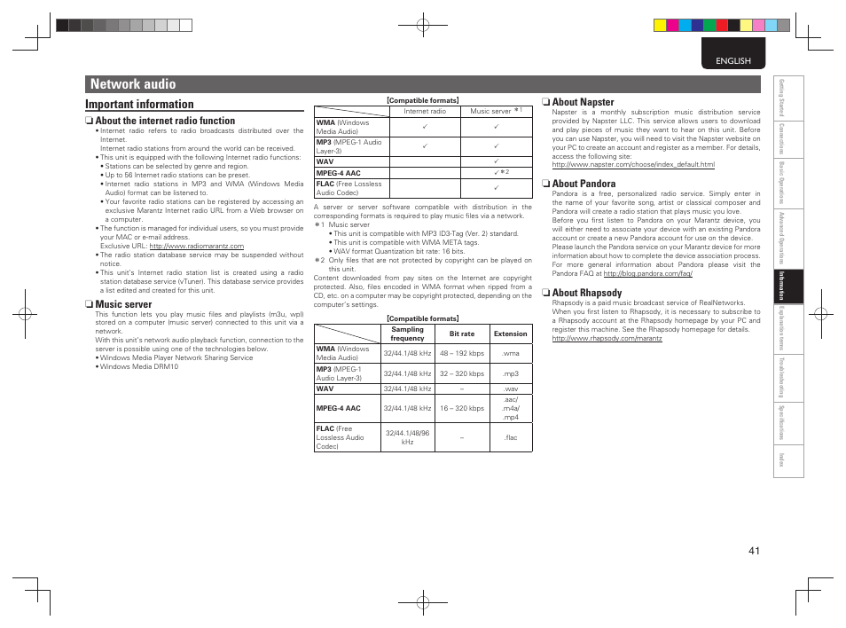 Network audio, Important information, N about the internet radio function | N music server, N about napster, N about pandora, N about rhapsody | Marantz M-CR603 User Manual | Page 45 / 52