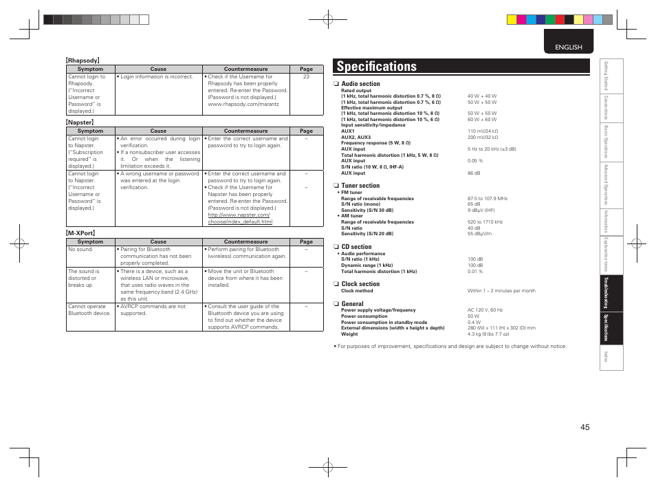 Speciﬁ cations | Marantz M-CR603 User Manual | Page 49 / 52