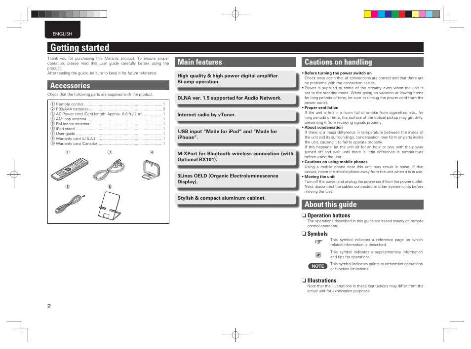 Getting started, Main features, Cautions on handling | About this guide, Accessories | Marantz M-CR603 User Manual | Page 6 / 52