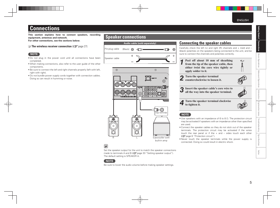 Connections, Speaker connections, Connecting the speaker cables | Marantz M-CR603 User Manual | Page 9 / 52