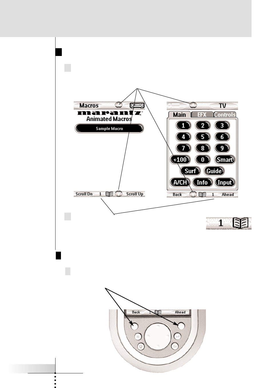 Getting started, Using the scroll arrows to scroll to panels, Using the back & ahead hard buttons | Marantz RC9200 User Manual | Page 12 / 66