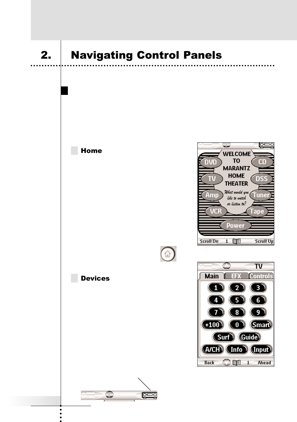 Navigating control panels, Getting started, Three divisions of control panel types | Marantz RC9200 User Manual | Page 9 / 66