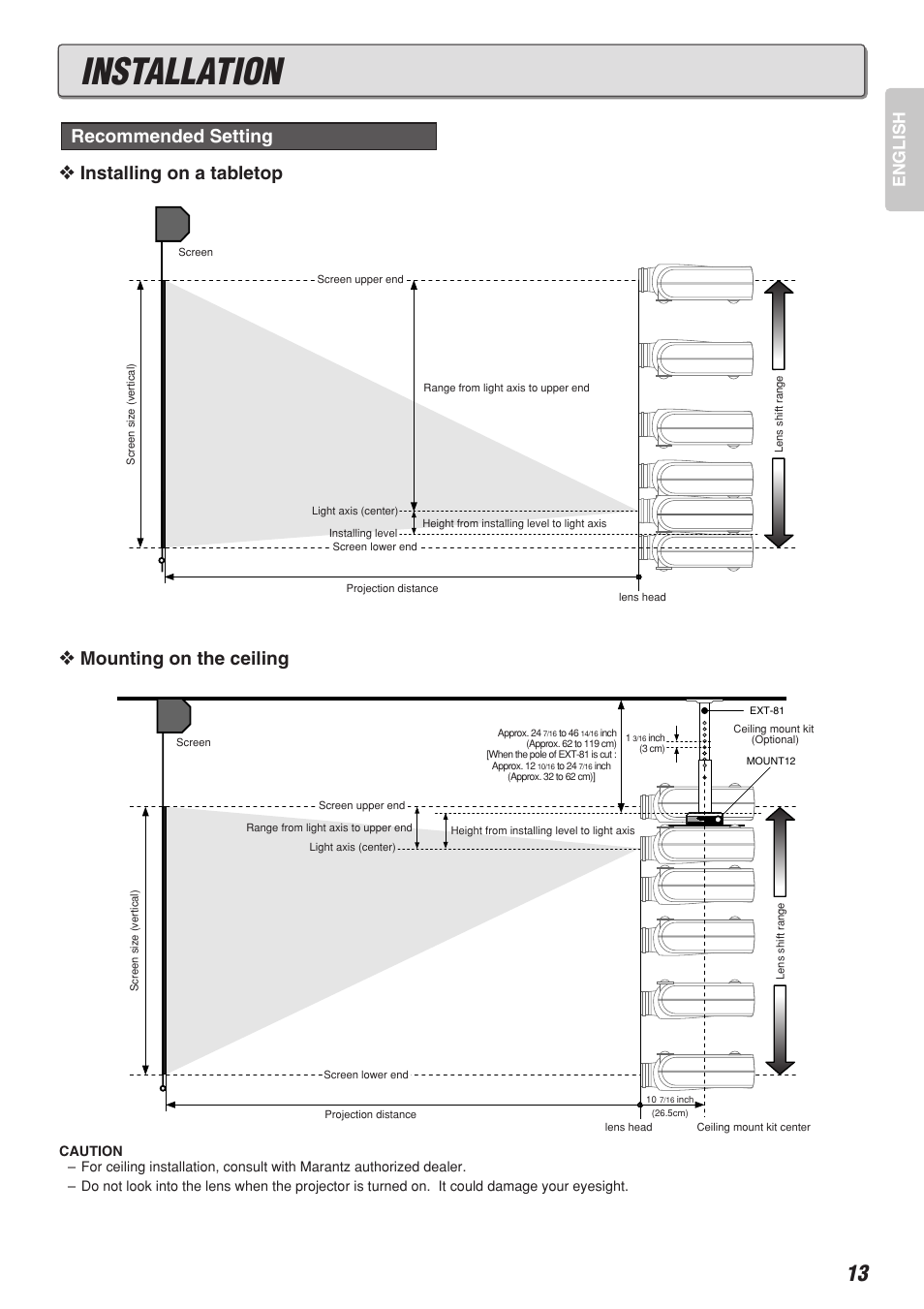 Installation, Installing on a tabletop, Mounting on the ceiling | Recommended setting, English | Marantz DLP PROJECTOR VP-12S2 User Manual | Page 17 / 39