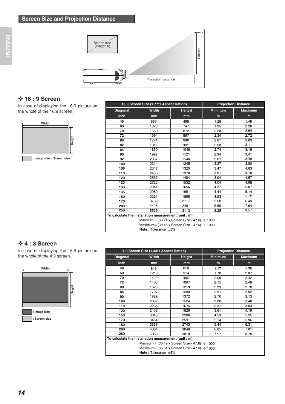 16 : 9 screen, 4 : 3 screen, Screen size and projection distance | English | Marantz DLP PROJECTOR VP-12S2 User Manual | Page 18 / 39