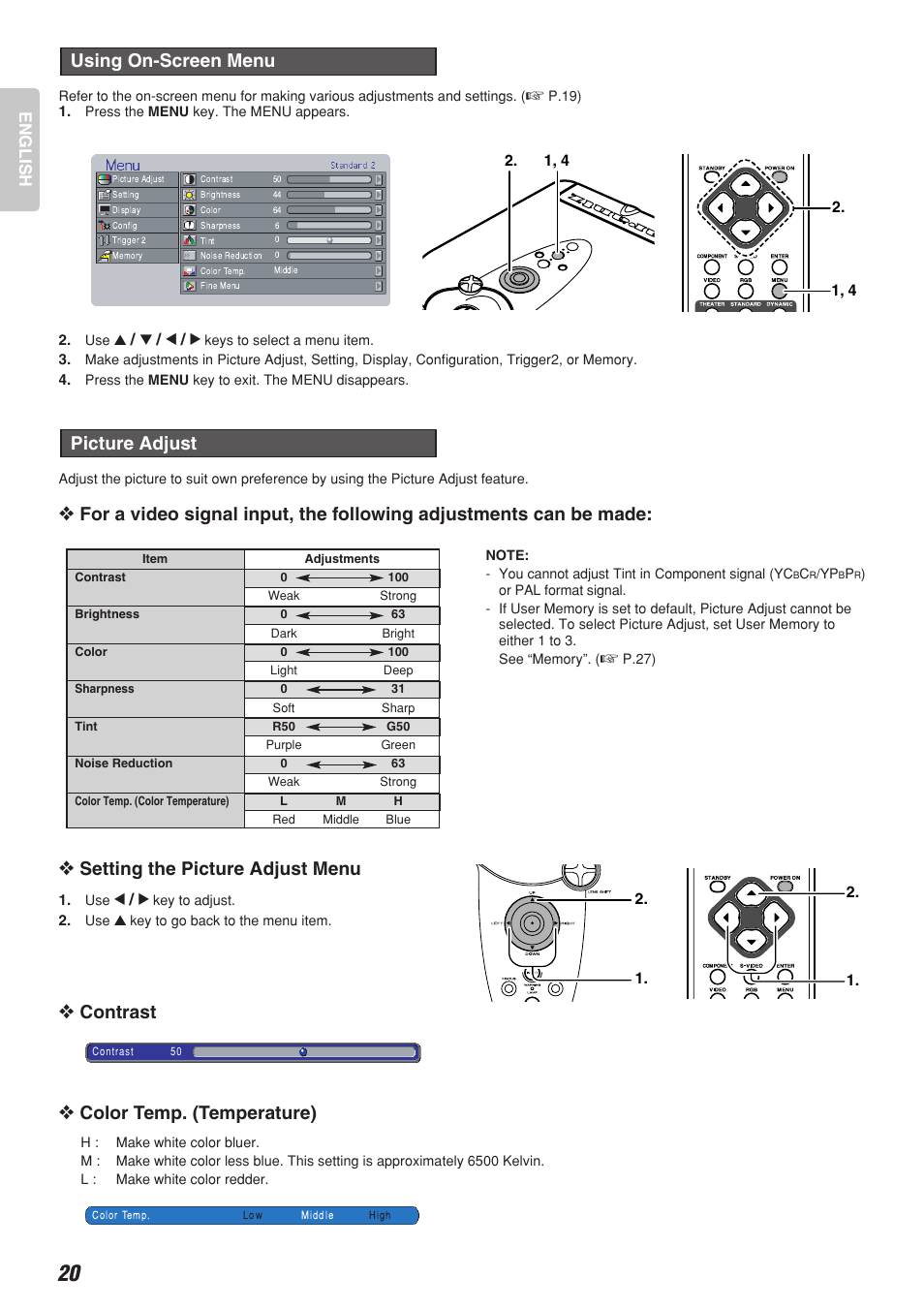 Setting the picture adjust menu, Contrast, Color temp. (temperature) | Picture adjust, Using on-screen menu | Marantz DLP PROJECTOR VP-12S2 User Manual | Page 24 / 39